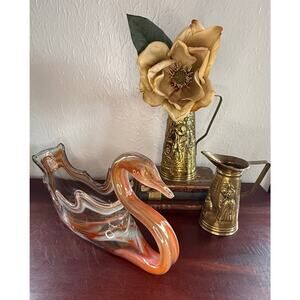 Murano Style Orange White Glass Swan Planter Bowl 1970s Art Glass Decor